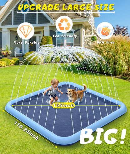 EPN Splash Pad, 155"- 110.24" Size Extra Large Sprinkler Play Mat for Dogs & Kids, Thicker Wading Pool Summer Outdoor Water Toys, Fun Backyard Fountain Play Pad for 3 Age+ Girls Boys Children & Pets