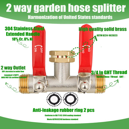 EJW Hose Splitter 2 Way, Garden Hose Splitters, 2 Way Faucet Splitter, Water Spigot Splitter, RV Brass Hose Splitter, Two way Hose Bib Splitter, Double Hose Connector, Hose Valve 3/4 Inch GHT Thread.