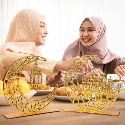 Hinsly Wood Ramadan Decorations for Home Islamic Eid Mubarak Kareem Table Sign Moon Hollow Star Ornament for Muslim Party Tabletop Decor Art Craft Decoration Golden Moon 2 Pieces