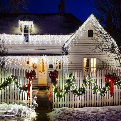 oopswow Icicle Lights Outdoor Decorations 300 LED 33ft 8 Modes Curtain Fairy String Light with 50 Drops, LED String Light Indoor for Wedding Party Holiday Christmas Decorations,White