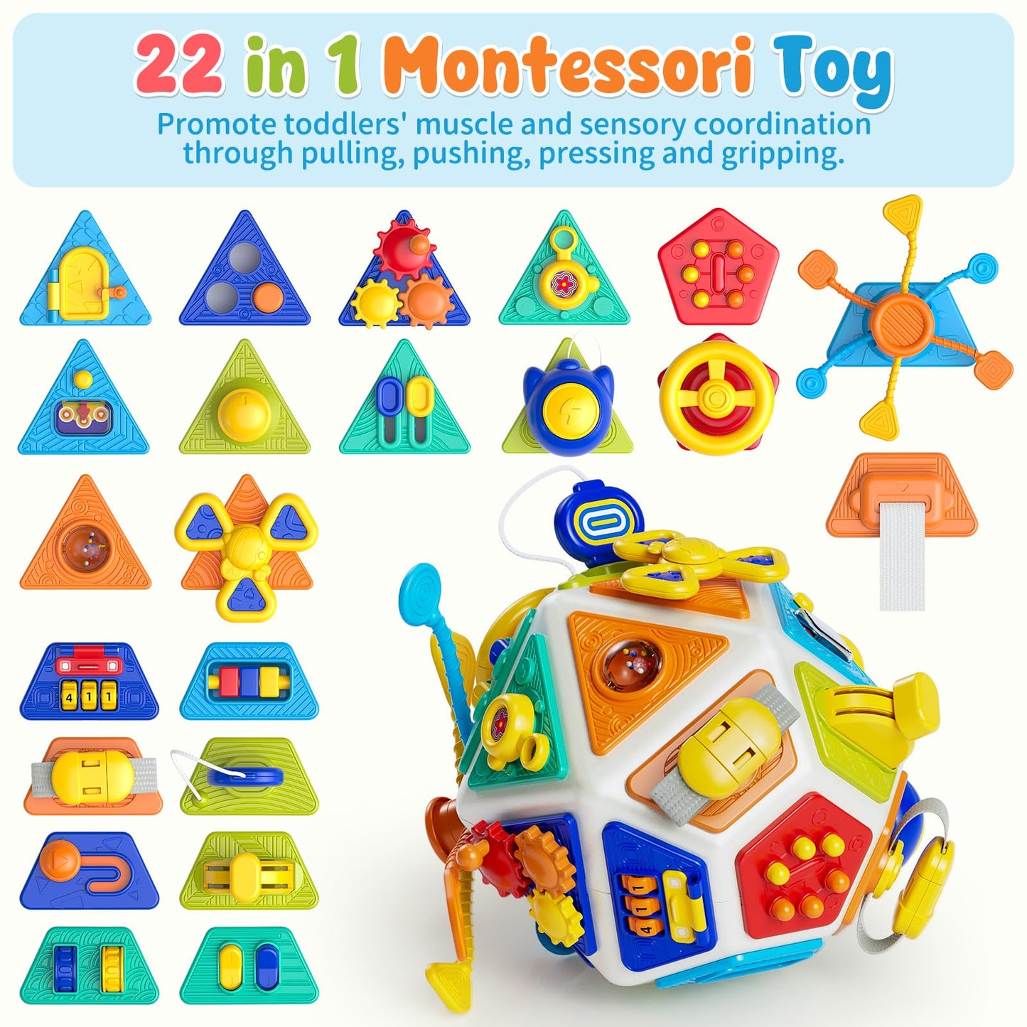 22-in-1 Baby Busy Board Activity Cube Toys, Montessori Toy for 1 Year Old Toddlers, Educational Learning Sensory Travel Toys for Infant 6-12 12-18 Months, 1st Baby Birthday Gifts for Boys Girls