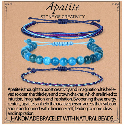 QOGIR Handmade Healing Bracelets,8mm Natural Blue Apatite Gem Stone Beads Bracelet for Men Women Gifts with 2PCS Size Adjustable Rope Bracelets