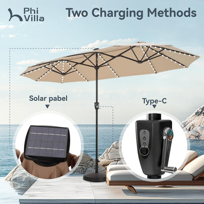 PHI VILLA 13ft Patio Umbrella with Solar-Powered 120 PCS LED Color-Changing Lights, Triple-Head Large Rectangle Umbrella Outdoor Patio for Table with Crank Lift,Beige(No Base)