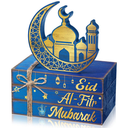 Geelin 4 Pcs Eid Mubarak Tiered Tray Decor Wooden Book Stack Signs, Blue Gold Islamic Crescent Moon Mosque Table Centerpiece for Ramadan Home Shelf Coffee Bar Mantel Decorations