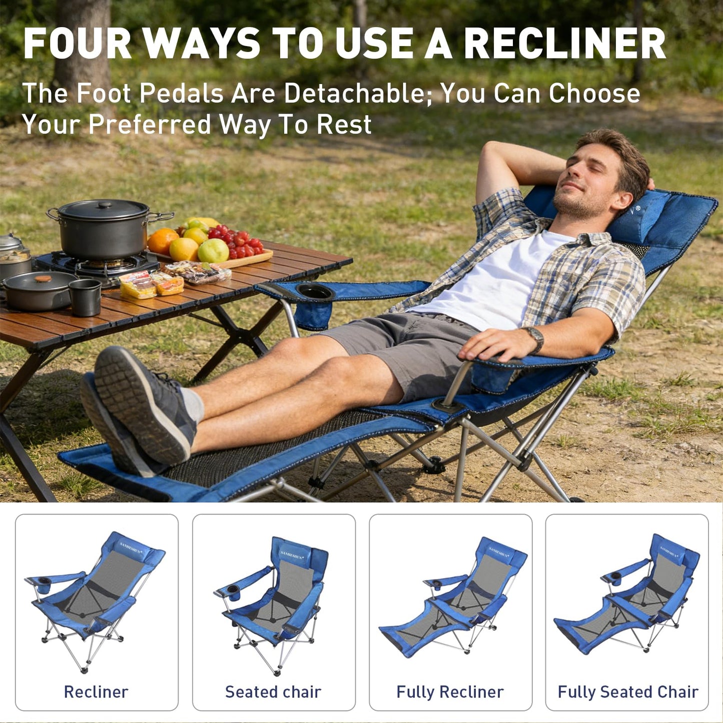 sanheshun Zero Gravity Chair, Reclining Camping Chair with Padded Pillow, Cup Holder, Storage Pocket & Carry Bag, 4-in-1 Portable Camping Recliner for Outdoor, Beach, Garden, and Backyard - Blue Mesh