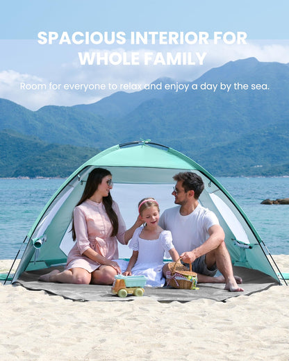 OutdoorMaster Beach Tent for 3/4 Person - Easy Setup Sun Shade Shelter, Portable Beach Shade Sun Canopy with UPF 50+ UV Protection, Removable Skylight Family Size - 3 Person Green