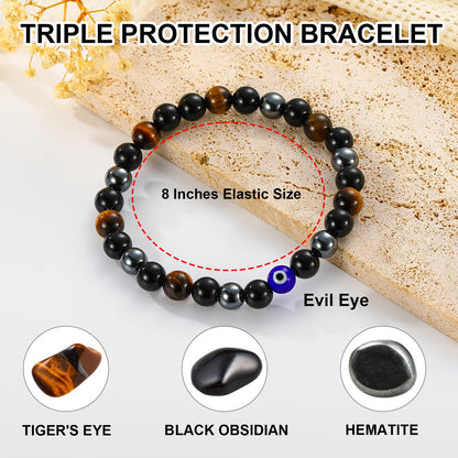 Gnamy Triple Protection Beaded Bracelet Gifts for Men, Tiger Eye Hematite Black Obsidian Evil Eye Bracelets Christmas Birthday Valentines Anniversary Healing Sobriety Jewelry Gifts for Husband Dad Boyfriend Brother Him