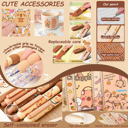Cute Capybara Stationery Set - Large Pencil Case, 4 A5 Spiral Notebooks, 10 Ballpoint Pens (2 Styles), 12 Pencils, 2 Erasers - Perfect Back-to-School Essentials and Birthday Gift for Kids (Capybara)