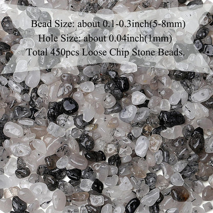 Natural Chip Stone Beads 450pcs Black Rutilated Quartz Chips 5-8mm Genuine Irregular Healing Crystal Rocks Hole Drilled DIY Loose Gemstone Beads for Jewelry Making Bracelet Earrings Necklace Crafting