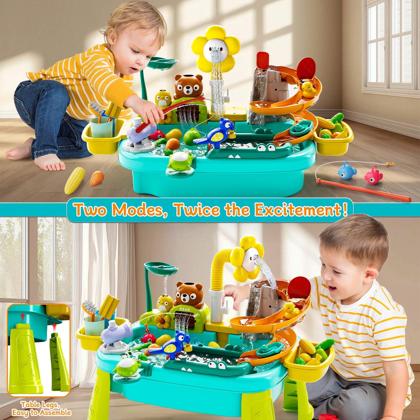 4-in-1 Kids Play Sink with Running Water, Mini Water Table with Detachable Legs, Upgraded Faucet and Dishes, Children Electric Dishwasher Toy, Kitchen Sensory Set (Blue)