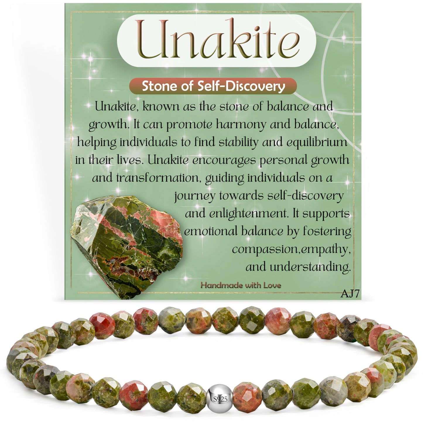 Unakite - Self-Discovery - Beaded Bracelets for Women,Handmade Natural Stone 4mm Beads 925 Sterling Silver Stretch Bracelets, Chakra Crystal Gemstone Jewelry Gifts for Mom