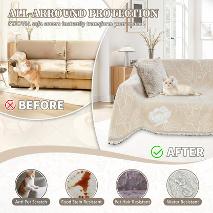 SYJOVIA 1OO% Waterproof Sectional Couch Covers for Dogs L Shaped Corner Sofa Cover Washable Chenille Sofa Slipcovers Blanket Modern Jacquard Pet Furniture Protector (91"x252", Beige Flower)