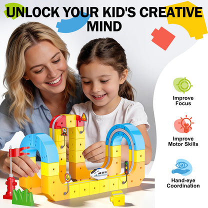 Rail Electric Train Set with Traffic Signs for Kids 3 4 5 6 7 8 Years Old, 60 PCS 3D Magic Flexible Race Car Track, Building Block Toys with Anti-Gravity, Educational STEM Toy Boys Girls Birthday
