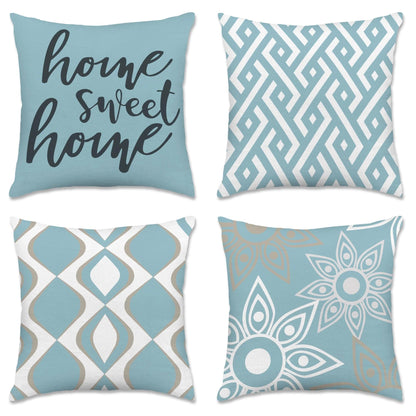 Hexagram Outdoor Throw Pillow Covers 18x18 Set of 4, Decorative Geometric Modern Boho Blue Pillow Covers, Home Sweet Home Farmhouse Cushion Case for Couch Sofa Indoor Bedroom Decor(No Insert)