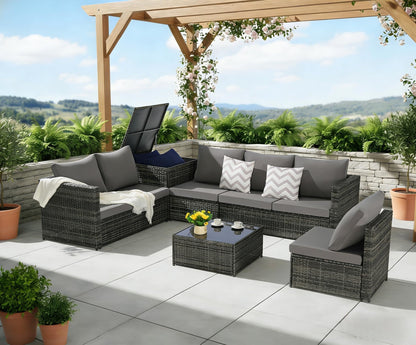 KEIKI 6Pcs Outdoor Patio Sectional Couch Sofa Conversation Furniture Sets with Chair, Storage Corner Cabinet, Glass Top Coffee Table & Cushion, Wicker Woven Seating for Backyard Lawn