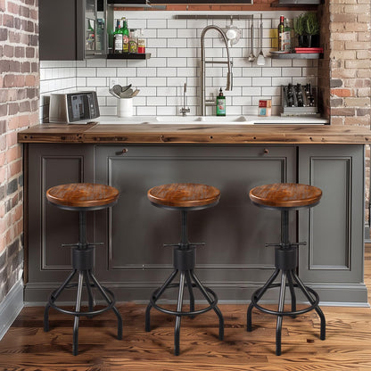 LOKKHAN Set of 2 Industrial Bar Stool-Height Adjustable Swivel Wood and Metal Bar Stool,Farmhouse Stool,Extra Tall Pub Height,23"-29"