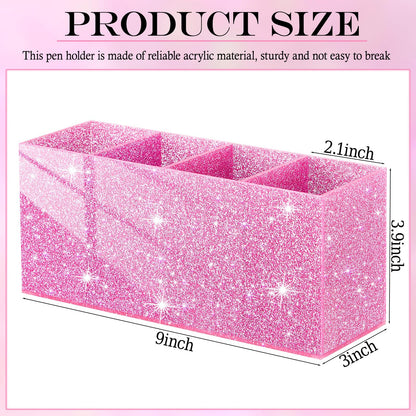 Jetec Acrylic Glitter Pen Holder 4 Compartments Bling Makeup Brush Stationery Organizer Pencil Holder for Desk Accessories Sparkly Gifts for Women Birthday Valentines Desktop Workplace Office(Pink)
