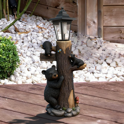 Oritty Bear Statue Welcome Sign Garden Statue with Solar Lights, 19 Inches Resin Bear Family on The Tree, Outdoor Bear Décor for Yard, Garden, Lawn, Patio, Black, Spring Decorations for Home