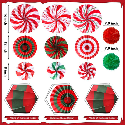 Outus 21 Pcs Christmas Candy Hanging Paper Fans Peppermint Christmas Banners Xmas Classroom Ceiling Decorations Tissue Poms Honeycomb Ball Ornaments for Birthday Wall Decor Supplies(Classic)