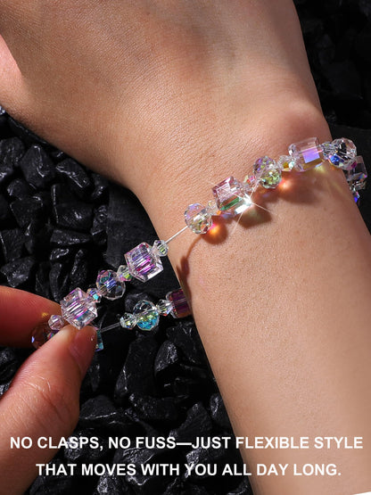 HANGINTHERE Aurora Crystal Bracelet for Women ,7 Inch Stretchy Iridescent Bracelet with 8mm Aurora Borealis Beads,Gift for Girlfriend Best Friends Mom Wife, Birthday Valentine‘s Present with Velvet Pouch
