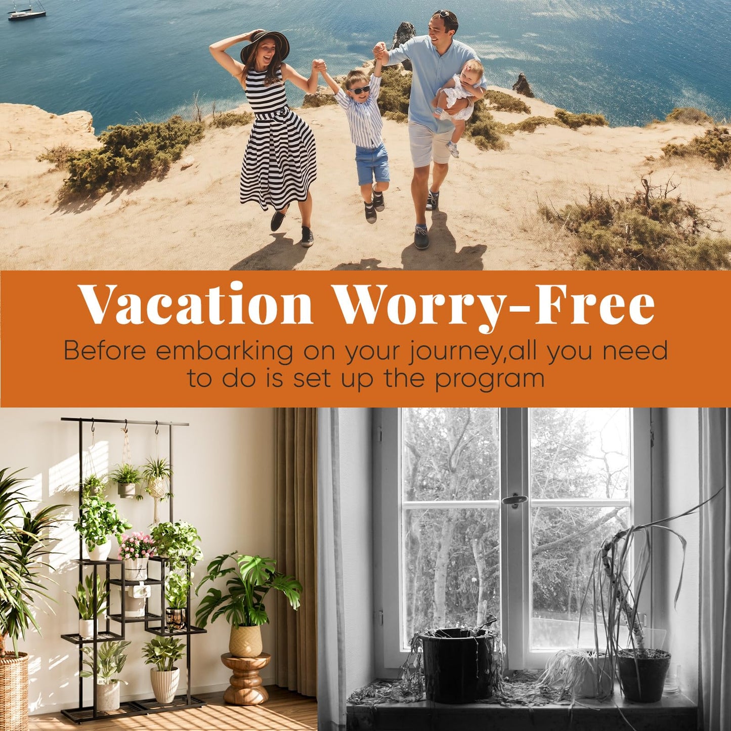 4 Tier Plant Stand with Automatic Drip Watering System, Indoor Outdoor Metal Plant Shelf with Hanging Rod, Holds 12 Pots, Space Saving Plant Display & Organizer