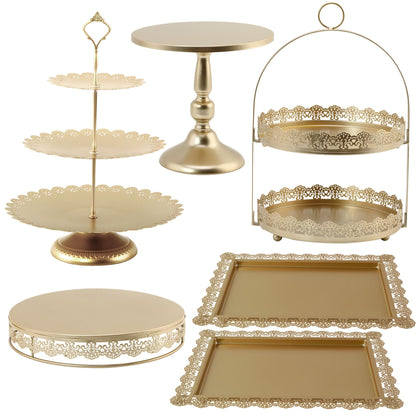 6 Pcs Gold Cake Stands Set, QENUIITEA Cake Display Pedestal Tiered Cupcake Holder Dessert Plate Serving Tower Tray Decorative for Wedding Birthday Party Baby Shower Celebration