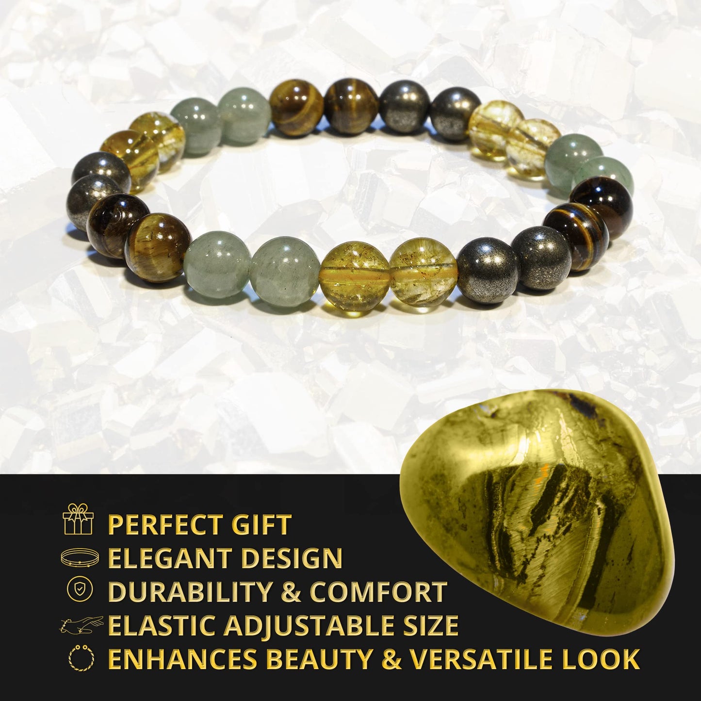 ANAYA AGATE Money Wealth Success Bracelet - Pyrite Green Aventurine Tiger Eye Citrine Bracelet Set for Men Women Healing Calming Anxiety Stress Relief Pulseras Para Hombres Mujer Stocking Stuffers