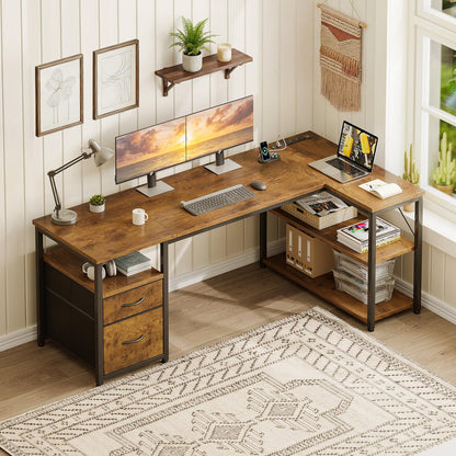AODK 55 inch L Shaped Computer Desk with Drawers, Reversible Computer Desk with Storage Shelves, Home Office Desk with Built-in Power Outlet, Rustic Brown