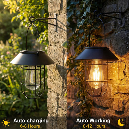 Livinlarge Solar Lanterns Outdoor Waterproof,Hanging Solar Lights for Outside with Wall Hooks Windproof Hook,Retro Metal Outdoor Lanterns Auto On/Off for Porch,Patio,Garden,Yard Decor 2 Pack（Black）