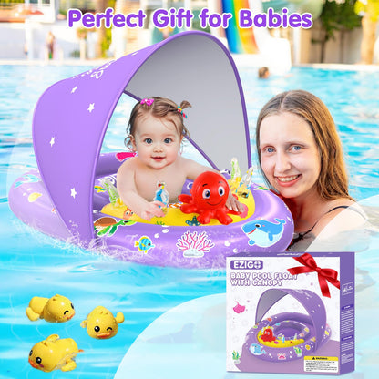 EZIGO Baby Pool Float with Canopy UPF 50+ Sun Protection, Double Air Chambers Infants Swimming Floats with Sound Toys Adjustable Safety Seat Toddler Float for Boys and Girls 6-36 Months (Purple)