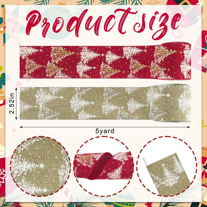 Threetols 2 Rolls 10 Yards Christmas Wired Edge Ribbons, 2.5inch Red Brown Ribbons, Glitter Christmas Tree Snowflake Ribbon for Winter Xmas Party DIY Craft Wreath Bow Decor