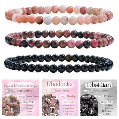 Bivei 3-Piece 4mm Beaded Bracelets for Women – Plum Blossom Jade, Rhodonite, Black Obsidian – Handmade Natural Crystal Stretch Elastic Jewelry for Meditation, Yoga, Protection Gifts