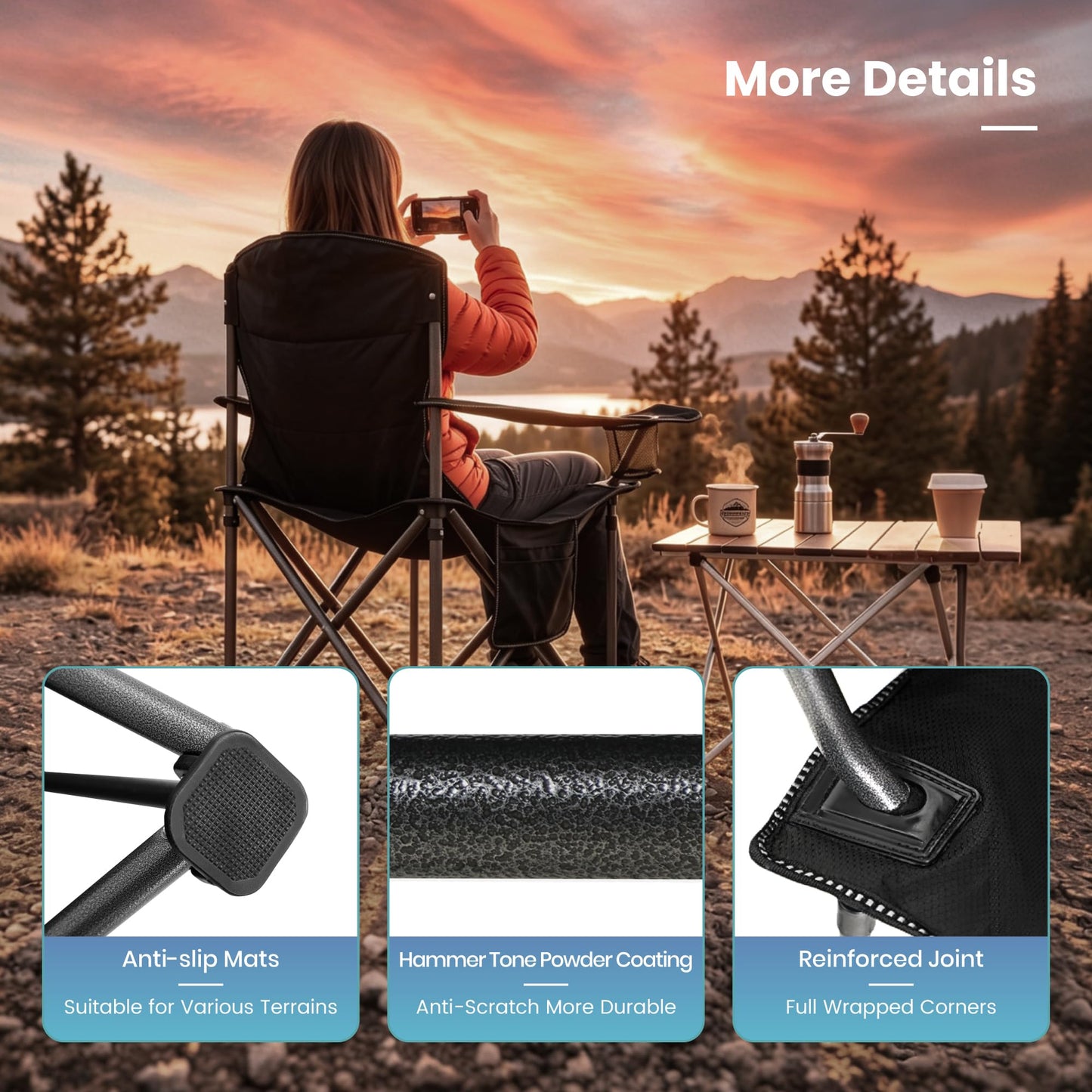 HIGH POINT SPORTS Oversized Folding Camping Chair, Heavy Duty Portable Camp Lawn Chairs, Folding Chairs for Outside with Cup Holder and Cooler Bag for Travel, Beach Support 450 LBS, 2 Pack, Black