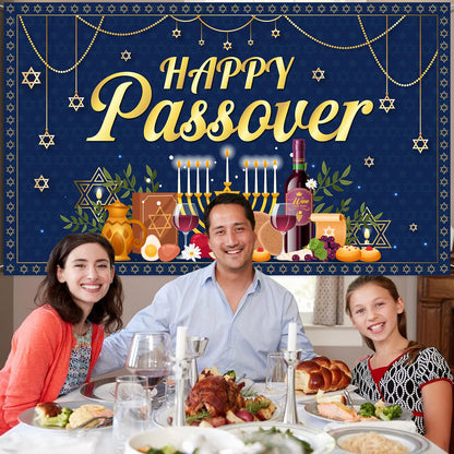 Happy Passover Banner Backdrop - 72'' x 43'' Passover Banner Decoration, Hanging Jewish Pesach Background Decor for Wedding Festive Welcome Banner Passover Party Supplies