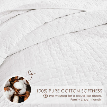 palassio White 100% Cotton Quilt Queen Size Bedding Sets with 2 Pillow Shams, Textured Lightweight Soft Bedspread Shabby Chic Coverlet, Quilted Comforter Bed Cover for All Season, 3 Pieces