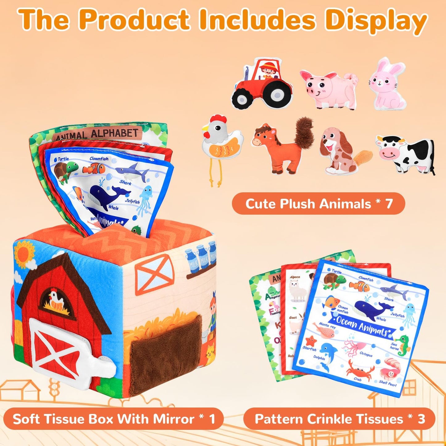 MPQMPQ Baby Tissue Box Toy Farm Crink Plush,Whats Inside Box Montessori Toys with Rattle,Crinkle,Mirror for Babies 6 9 12 18 Months Early Developmental Infant Sensory Learning Toys Newborn Gifts