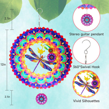 Dragonfly Mandala Wind Spinners Garden Yard Decor Gift for Women Men, 12 Inch Outdoor Metal 3D Wind Spinner, Stainless Steel Hanging Wind Catchers Kinetic Sculpture for Outside Decoration