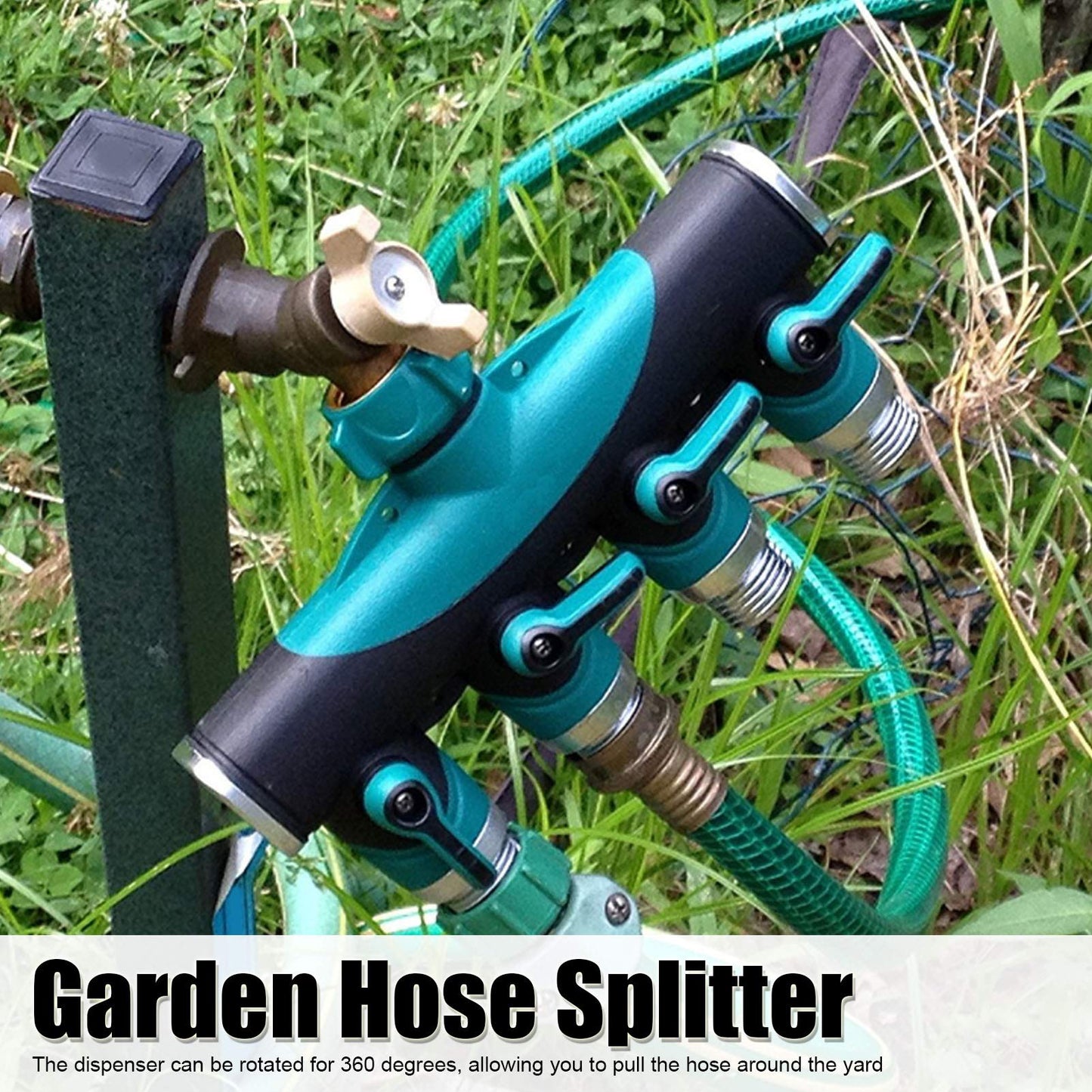 4 Way Garden Hose Splitter, 3/4 Inch Heavy Duty Metal Hose Connector with On Off Valves Water Hose Manifold Hose Spigot Adapter for Drip Irrigation