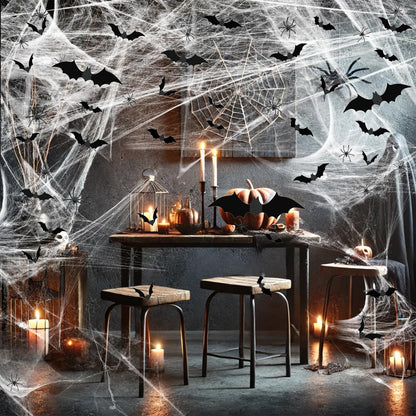 Famoby 1200 sqft Halloween Spider Webs and 120pcs Fake Bats and 50pcs Fake Spiders Super Stretch Cobwebs Party Decorate for Halloween Theme Indoor and Outdoor Decoration