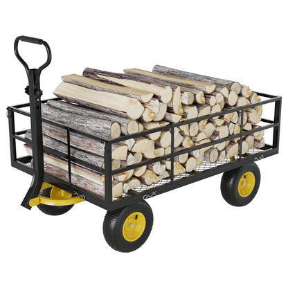 3-in-1 Heavy-Duty Steel Garden Cart, 1200 Lbs Garden Wagon, with 13 Inch All-Terrain Tires and Removable Mesh Side Panels, 180° Rotating Handle, Metal Utility Yard Trailer, Outdoor Gardens Wagon Cart