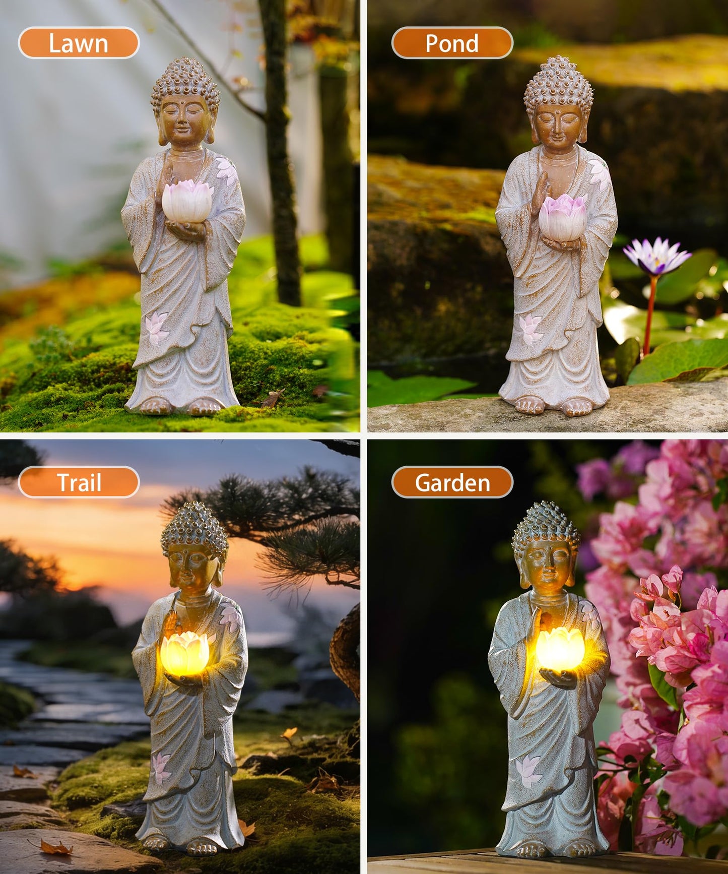 Nacome Solar Buddha Garden Statue Decor: Resin Zen Decor Waterproof Sitting Figurine with Lotus Flower Light Design for Outside Patio Lawn Yard Balcony - 11 inches(White)