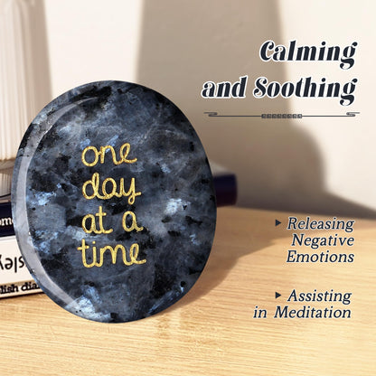 QINJIEJIE One Day at A Time Black Labradorite Worry Stone Healing Crystal Thumb Thinking of You Gifts for Anxiety Relief Items You Got This Inspirational for Friend Encouragement Gift for Women Men