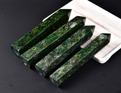 AMOYSTONE Extra Large Crystal Obelisk Emerald Green Quartz Tower Healing Crystal Wand Point 6 Faceted Reiki Meditation Stone 2.2-2.6 LBS