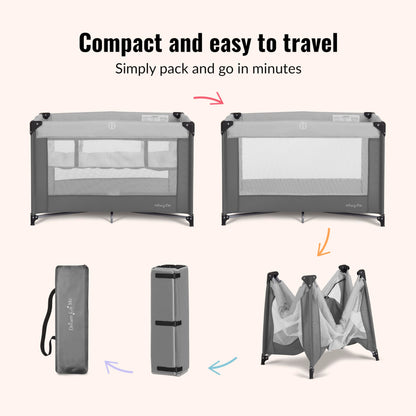 Dream On Me Zazzy Portable Playard with Bassinet - 360° Mesh Visibility, Quick Folding Travel Friendly Design, Carry Bag and Foldable Mattress Pad Included, Compact and Lightweight - Gray