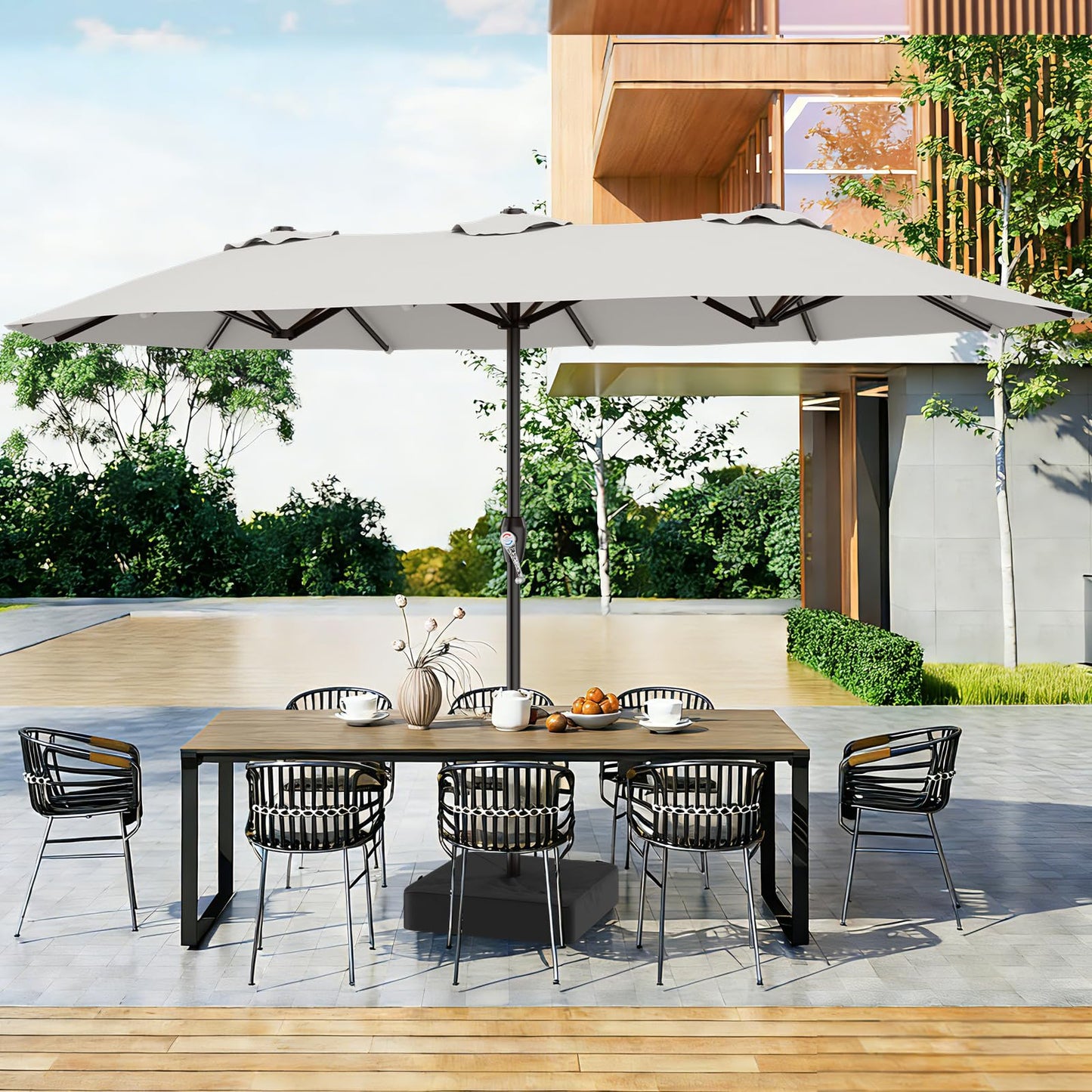 AreShark 15FT Outdoor Patio Umbrella with Crank, Large Rectangular Market Umbrella, Double-Sided Outdoor Umbrellas with Cross Base & Sandbag for Porch, Lawn, Pool, Backyard, Light Gray