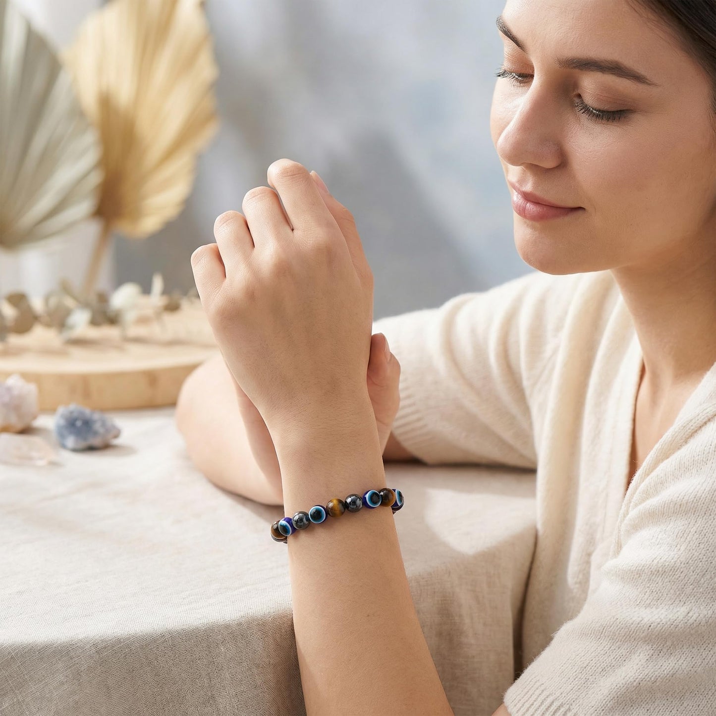 Bivei Evil Eye Bracelets Protection, Strength Crystal Healing Bracelet 8MM with Black Tourmaline, Obsidian & Tiger Eye - Spiritual Stretch Beaded Jewelry for Women Men Gift