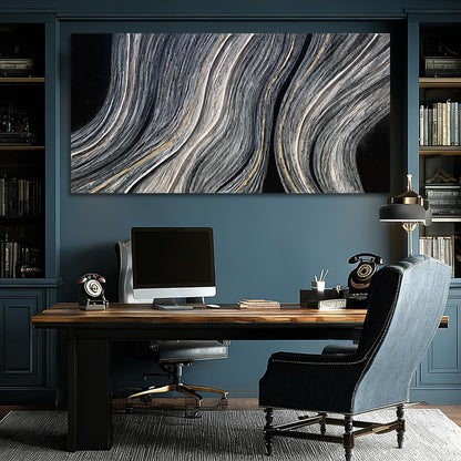ZUNARE Modern Abstract Canvas Wall Art with Blue Gray and gold Linear Design, Minimal Tonal Artwork Creating a Peaceful Atmosphere for Bedroom Living Room Office Kitchen 24"x48"