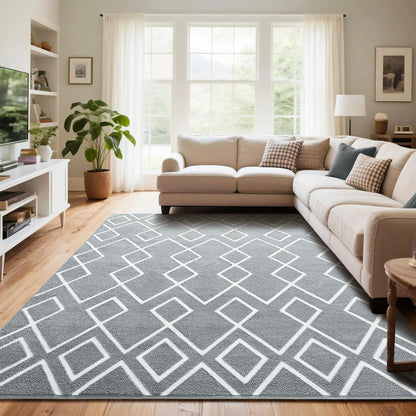 Rtizon Soft Area Rug for Bedroom, 5x7Ft Moroccan Rugs for Living Room, Geometric Non-Slip Carpet with Memory Foam for Boys Girls's Bedside Office Dorm Hallway, Grey and White