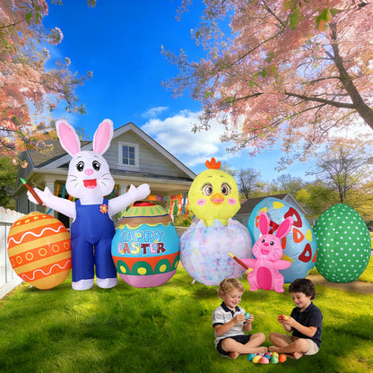 KISSUNY Easter Inflatable Outdoor Decoration, 11.5 FT Wide White Bunny with Chick and Easter Eggs, Built-in LED Lights, Blow Up Yard Decor for Lawn and Garden