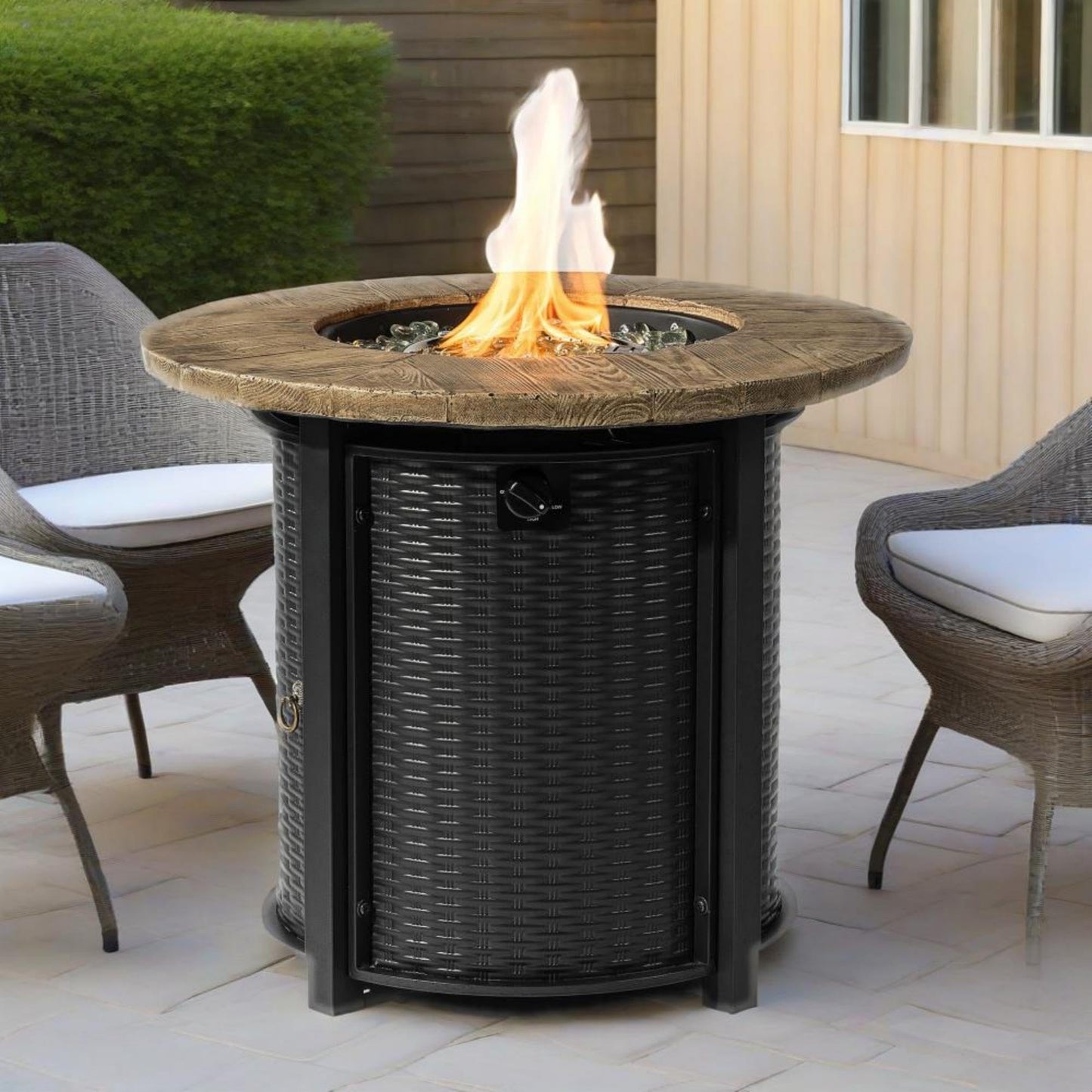 GDFStudio 30" Round Propane Fire Pit Table, 50000 BTU Outdoor Gas Heater with Faux Wood Grain Top & Glass Beads, for Patio Deck Garden Backyard, Black